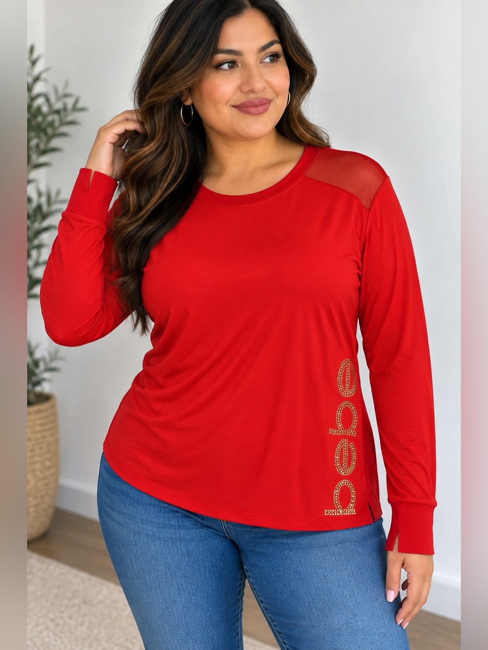 bebe Sport Red Mesh Panel Rhinestone Logo Shirt XL